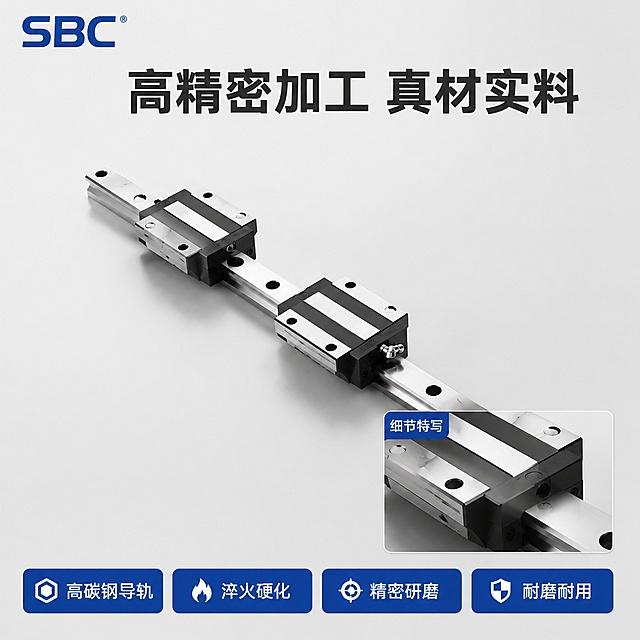 [主图-3] SBC直线导轨滑块材质工艺细节展示图。
[氛围风格] 专业简洁工业风，整体风格和首图保持统一
[画质] 商业摄影质感，产品清晰真实，画面干净高级，细节锐利
[元素] 产品居中展示，同时右下角增加一个局部放大画中画框，放大展示滑块安装孔和导轨接触面的加工细节，保持产品整体和局部的外观、结构、颜色与输入产品图一致。左上角保持SBC品牌标识。顶部大字写"高精密加工 真材实料"，底部放四个卖点标签："高碳钢导轨""淬火硬化""精密研磨""耐磨耐用"，标签排版整齐，不遮挡主体。产品主体占比约60%，画中画清晰标注"细节特写"。
[光影] 布光突出金属质感，导轨表面反光清晰，细节纹理分明
[配色] 主色调浅灰，金属本色，标签蓝色点缀
[视角构图] 正面主图加右下角特写画中画，版式层次分明
[文字版式] 顶部品牌下主标题，底部标签均匀排列，文字清晰对比强
[比例分辨率] 1:1比例，1440*1440px，4k分辨率，文字清晰锐利，图片超高清
[负向提示词] 变形，文字错乱，产品图模糊，背景杂乱，水印，电商平台Logo，过度装饰