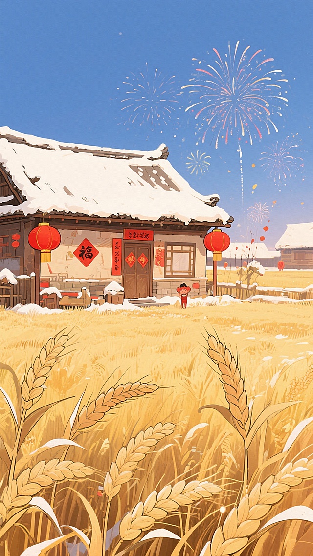 二次元卡通，东北，麦田、房屋，氛围欢乐、过年，浅红色、浅黄色，不要人，细节丰富，9:16，生成二张