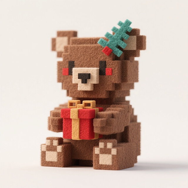 圣诞小熊坐纯米白背景前，爪抱迷你红礼盒，耳尖别片绿松针