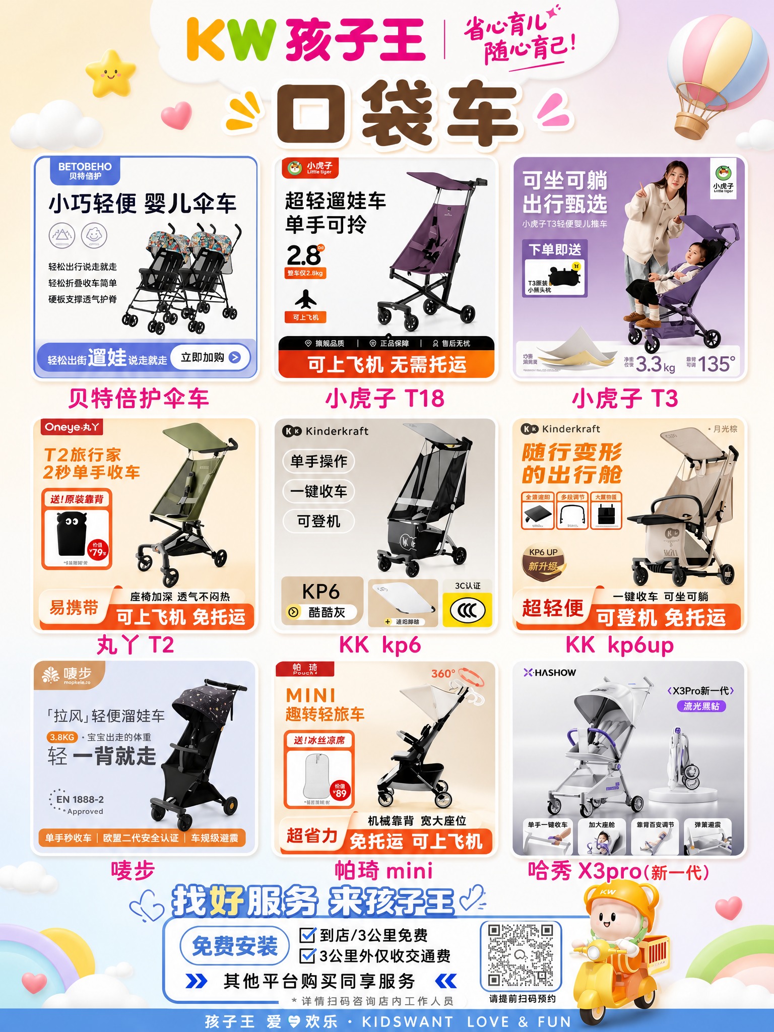 基于上传的孩子王口袋车合集海报进行美化重绘，保留原图的9款婴儿… - 图片创意预览