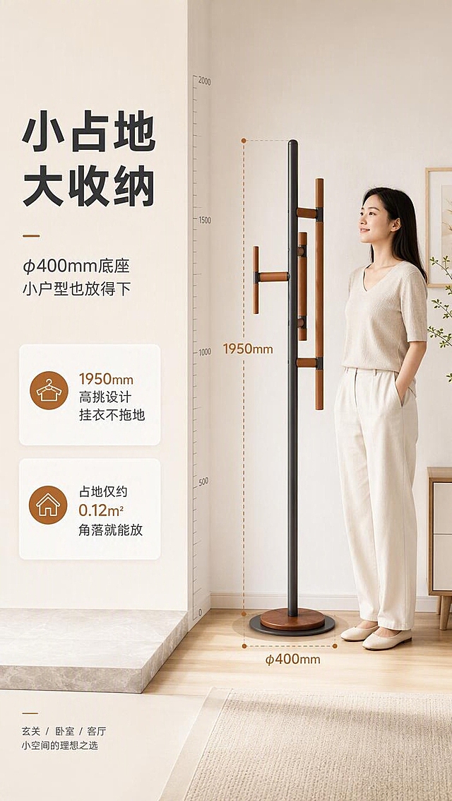 [商品] 使用【图1】中款焦糖棕马鞍皮衣帽架；保留完整结构、颜色、材质与比例；旁边放置一个人物剪影或真人作为尺度参照，体现1950mm高度与φ400mm底座的真实大小感。
[画面] 目标：空间尺度利益页，说明小占地大收纳、小户型友好。左文右图构图，左侧约40%文案区，右侧60%为衣帽架+人物比例示意；衣帽架旁站着一位亚洲女性，身高约165cm，作为高度参照；底座旁有直径标注线，地面有圆形阴影示意占地大小；背景为明亮玄关角落，墙面有尺寸刻度线辅助理解；三层视觉：前景尺寸标注、中景产品与人物、后景墙面刻度。
[视觉] 套系策略：风格=现代简约亮调家居商业摄影；标题字=现代无衬线粗体；正文字=简洁无衬线体；主色=米白暖杏；背景延展=基于米白暖杏做深浅层级、同色渐变和细腻墙面/哑光质感；强调色=焦糖棕，仅用于小面积图标、引线和标签；标题色=深炭灰；正文色=中暖灰；组件=圆角浅底信息卡、细线引线、胶囊卖点框；光影=左前侧暖柔自然光，明亮通透，整体亮色调。
[文字] 左侧文案区：主标题「小占地 大收纳」，副标题「φ400mm底座 小户型也放得下」，下方2条亮点「1950mm高挑设计 挂衣不拖地」「占地仅约0.12㎡ 角落就能放」；右侧用虚线标注总高1950mm与底座直径φ400mm。
[规格] 图片比例9:16竖版，4K分辨率，避免变形、错字、文字过小、冷蓝/蓝灰背景、产品颜色改变、结构失真、极限词。