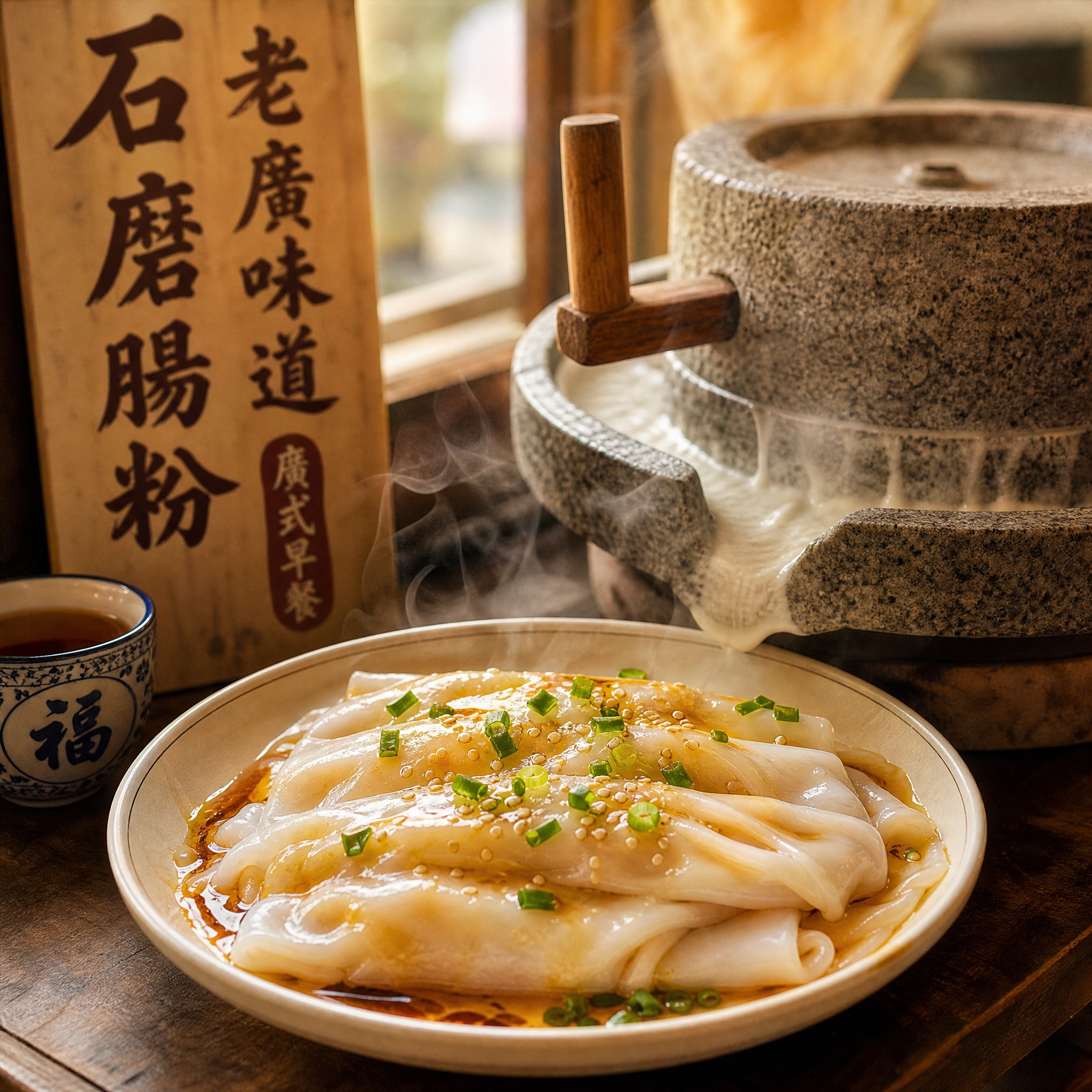 老广石磨肠粉早餐店头像设计，写真摄影风格，画面中央是一盘刚蒸好… - 图片创意预览