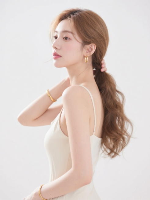 高清晰人像写真，柔和自然的光线，浅棕色长卷发自然垂落，白皙细腻的肌肤，精致裸妆，浅粉色唇色，内搭米白色细肩带背心，佩戴金色细圈耳环和金色简约手镯，半身构图，人物侧身回眸，一手轻扶发髻，一手自然垂落于身前，姿态优雅舒展，背景为纯白色，整体风格清新简约，突出人物温柔气质。预览效果