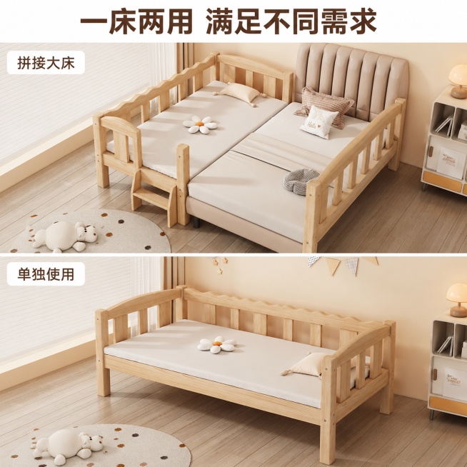 [主图-3] 实木拼接床一床两用功能展示。
[氛围风格] 真实使用场景展示 清晰直白
[画质] 商业摄影质感、光线柔和通透、产品清晰真实、画面干净高级
[元素] 上下分屏双图展示，上图展示拼接大床状态预览效果