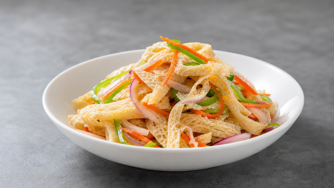 将图片修改为：专业美食摄影，45°斜侧视角，平视拍摄，白色陶瓷圆碗，放置在哑光深灰色水泥台面，柔和侧自然光，光影自然，浅景深虚化背景，画面居中构图，菜品占比统一，面筋筋道入味，色彩鲜亮，油润有光泽，超预览效果