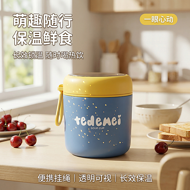 基于提供的蓝黄拼色萌趣保温水杯图片，生成淘宝1:1主图首图，明亮清新居家风格，窗边自然光漫射，干净通透感。水杯居中放置于米白色木质餐桌，背景为模糊的阳光厨房，散落着樱桃、吐司等早餐元素，金色光斑洒在杯身，光影柔和细腻，背景铺满全屏无边框。主色调为马卡龙蓝+鹅黄，辅助色为米白、浅木色。正平视视角，景深适中，主体占比60%。左上角主标题「萌趣随行 保温鲜食」，下方副标题「长效锁温 随时喝热饮」，右上角黄色胶囊标签「一眼心动」，底部悬浮三个卖点「便携挂绳 | 透明可视 | 长效保温」，字体为圆润无衬线体，白色，字色取自产品配色，采用悬浮布局不遮挡主体，产品外观与原图完全一致