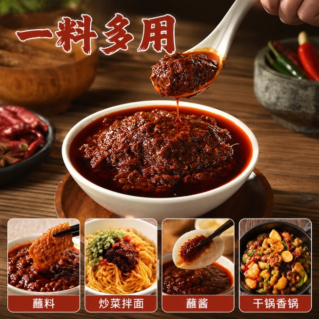 [主图-2] 核心卖点展示，呈现香辣酱一料多用的使用场景。
[氛围风格] 真实餐饮厨房氛围，浓郁食欲感，干净简洁突出重点。
[画质] 商业摄影质感，光线柔和通透，酱料清晰真实，油亮诱人。
[元素] 采预览效果
