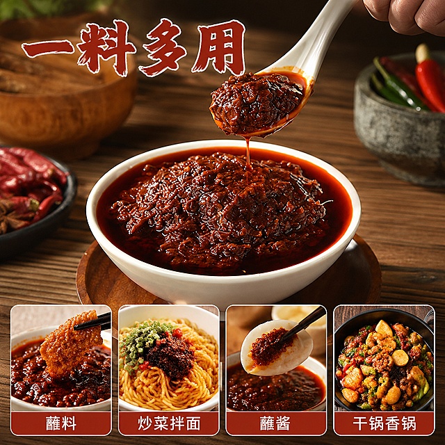 [主图-2] 核心卖点展示，呈现香辣酱一料多用的使用场景。
[氛围风格] 真实餐饮厨房氛围，浓郁食欲感，干净简洁突出重点。
[画质] 商业摄影质感，光线柔和通透，酱料清晰真实，油亮诱人。
[元素] 采用画中画版式，中心大区域展示勺子舀出香辣酱的特写，酱料拉丝油亮滴落，保持酱料的色泽颗粒质感和输入参考图绝对一致；画面下方分割四个小方块，每个小方块分别展示一种使用场景：蘸料、炒菜拌面、蘸酱、干锅香锅，每个场景配简短文字标注。商品主体酱料占比65%，保持产品真实质感，画面干净不拥挤。
[光影] 自然暖光从上方洒下，油体呈现通透红亮光泽，颗粒纹理清晰可见，高光提亮酱料表面，阴影自然过渡，增强立体食欲感。
[配色] 主色调为红棕酱料色，搭配深原木桌面和白色餐具，整体暖调温馨，配色对比自然。
[视角构图] 俯视45度中心构图，主体酱料突出，四个小场景均匀分布底部，层次分明。
[文字版式] 顶部大字文案为"一料多用"，红棕色粗体最大字号；四个场景小方块内各标注对应名称，白色小字配浅红色底框，清晰易读，不遮挡画面主体，不使用极限词违禁词，不写价格和旗舰店。
[负向提示词] 变形，文字错乱，产品图模糊，背景杂乱，水印，电商平台Logo，极限词，价格，旗舰店