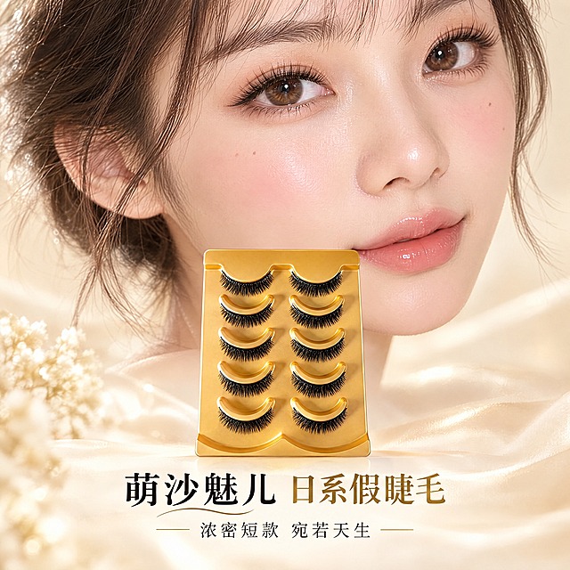 淘宝天猫电商主图，1:1正方形，日系妆容风格，画面有人物模特、假睫毛产品和文字。模特半脸特写，佩戴整体式浓密短款假睫毛，眼尾眼角偏短，浓密纤短自然，日系温柔妆容。下方展示产品托盘，底部有文字"萌沙魅儿 日系假睫毛"和"浓密短款 宛若天生"，不要细节放大图、使用说明图、价格图，柔光质感，美妆大片风