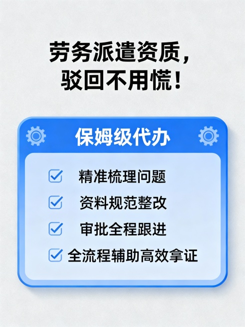 文案：劳务派遣资质，
驳回不用慌！
帮您精准梳理问题，
保姆级代办，
资料规范整改，
审批全程跟进，
全流程辅助高效拿证。生成封面图片预览效果