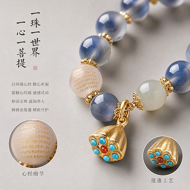 [主图-2] 主题：一珠一世界·一心一菩提。微距特写展示手串材质细节与工艺，突出心经文字、糖心纹理、玉质温润和莲蓬精致。
[统一基调] 米白+浅灰+淡金禅意风格，整体清雅宁静，国风禅意，不俗气。标题字体为书法感宋体/楷体，字色深灰近黑，卖点文字字色中灰色，文字克制精致。
[画面] 浅灰色哑光背景，干净柔和。画面主体为糖心玛瑙心经手串的微距特写，视角略微俯视，手串斜向摆放占据画面中心偏右位置。用微距镜头拍出极致细节：白玛瑙珠上的心经文字清晰可辨，刻字工整有深度；蓝糖心玛瑙珠子内部的糖心纹理层次丰富，通透感强，能看到内部天然的色带与包裹体；和田玉珠表面有细腻的油脂光泽，温润感十足；铜镀金莲蓬吊坠的纹理细节精致，莲蓬造型立体，镶嵌的小色珠清晰可见，金属表面有细腻的磨砂与抛光对比。产品占画面约70%。
画面左下角设置一个圆形局部放大小图（画中画），直径约为画面宽度的25%，放大展示白玛瑙珠上的心经文字细节，小图下方标注"心经细节"四字小字；画面右下角可设置一个小的莲蓬工艺特写小图标或小圆形放大图，展示铜镀金莲蓬的精致工艺，标注"莲蓬工艺"。
[光影质感] 柔和侧光+顶部补光，微距级别的光影控制，珠子表面高光细腻柔和，内部纹理清晰。金属部分有精准的轮廓光勾勒边缘，玉石部分体现温润漫反射。阴影柔和自然。
[配色] 主背景浅灰色，辅助色淡金、深灰，珠子本身的蓝灰、玉白、金色为画面主色，整体色调统一。
[文字版式] 画面右侧竖排或左上区域放置主标题"一珠一世界 一心一菩提"，书法感字体，深灰色。画面左侧竖向排列四条卖点文字，字号较小，中灰色：
白玛瑙心经 静心祈福
蓝糖心玛瑙 通透灵动
和田玉珠 温润养人
铜镀金莲蓬 精致守护
卖点文字左对齐，行距宽松，不遮挡产品主体。画中画小图的标注文字为小号深灰色字。
[输出要求] 1:1正方形，1440x1440像素。产品细节清晰锐利，材质质感真实极致，文字清晰可读。禁止变形、错字、模糊、杂乱、水印、平台Logo、过度锐化、塑料感。
