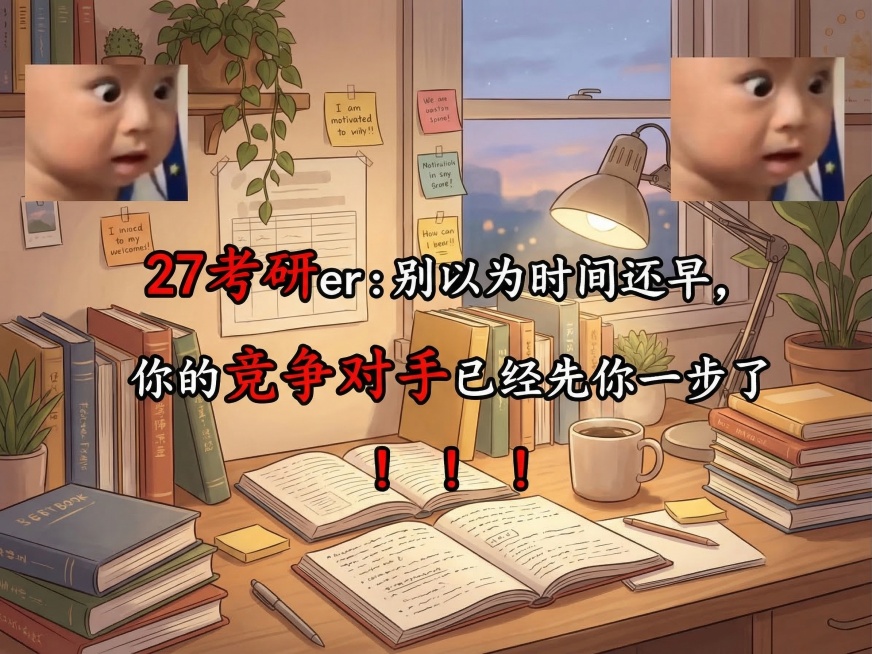 修改图中的文字为更活泼醒目的字体，将黑色背景换成考研学习相关的温馨学习场景背景，保留原图的小孩表情包和原文字内容预览效果