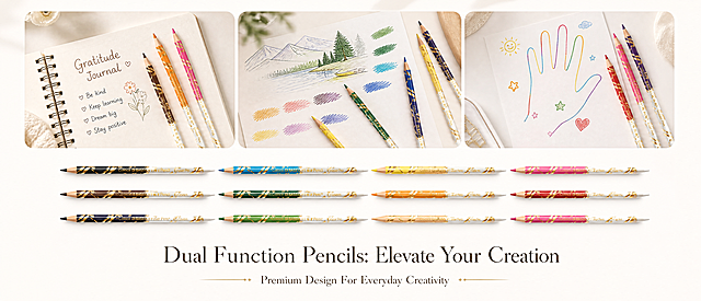 [Screen 8] Multi-scenario aesthetic closing page. Use [image1] as product reference, maintain original product appearance. 
Atmosphere: Premium desk aesthetic, Instagram style, clean and fashionable. 
Layout: 3 different usage scenarios of colored pencils arranged in the same screen: journal page, sketch paper, hand outline, each scenario shows different colors of pencils, the full 12-color set arranged at bottom of the screen, product combination accounts for 50% of the screen. 
Lighting: Soft uniform ambient light, warm high-end filter effect, natural shadow layers. 
Colors: Base #f8f8f8, all products maintain original off-white + gold + rainbow color matching, soft background. 
Composition: Upper 3 small scenarios, bottom full product set, layered horizontal composition, beautiful and neat. 
Text: Bottom title "Dual Function Pencils: Elevate Your Creation", subtitle "Premium Design For Everyday Creativity". Text at bottom centered, clear and elegant, not covering product display. 
Ratio 61:25, 4K, clear text and product. 
Bad: Deformed product, color mismatch, cluttered layout, Chinese characters, watermark