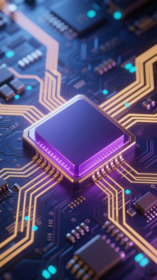 超写实3D渲染风格的电路板特写，中央位置有一个造型变换为六边形的处理器芯片，芯片表面呈现深邃的紫色调并散发着柔和的紫色光芒，周围环绕着金色的光晕。电路板上的线路和电子元件造型进行了未来感的几何化调整，整体色彩变换为以深邃的紫色和神秘的靛蓝色为主色调，搭配金色的电路纹理和点缀其间的亮青色光点，营造出高科技、神秘而充满未来感的氛围。光线从芯片中心向四周柔和辐射，形成清晰的光影层次，背景中的电路板细节丰富，具有细腻的金属质感和精密的结构，整体构图保持中心聚焦的对称美学，突出主体芯片的视觉冲击力。