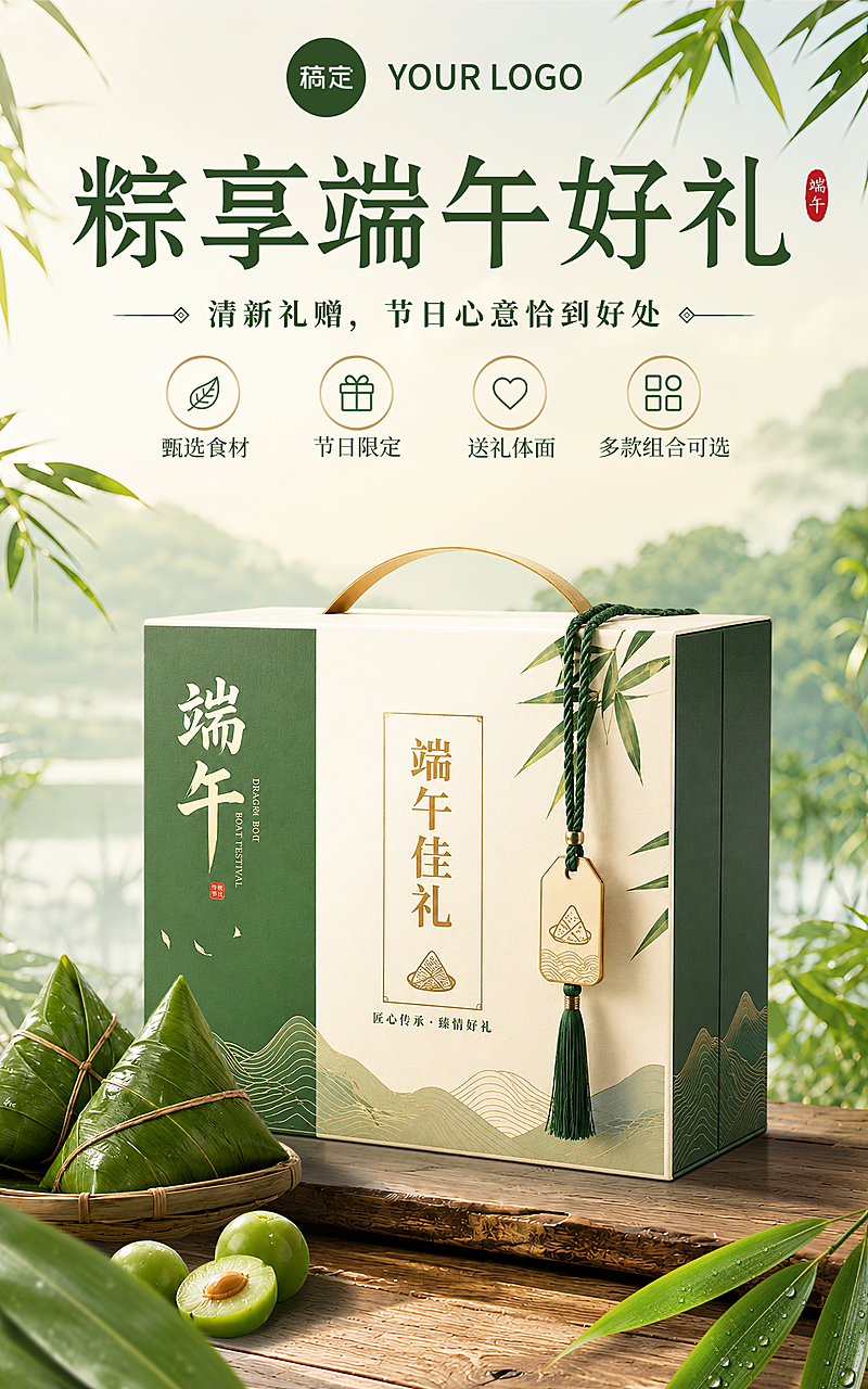端午节粽子礼盒促销宣传清新国风电商竖版海报