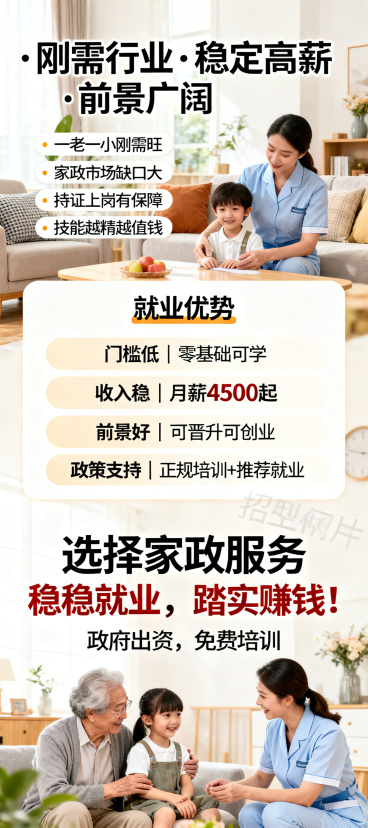 家政服务员招生海报，顶部大字号突出“刚需行业 · 稳定高薪 · 前景广阔”，下方分点列出“一老一小刚需旺、家政市场缺口大、持证上岗有保障、技能越精越值钱”；中部展示“就业优势”：“门槛低｜零基础可学、预览效果