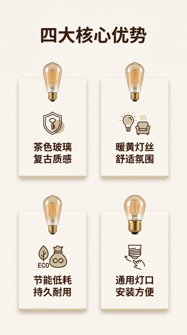 [第2屏] 核心卖点总览页-茶色暖光灯泡核心优势展示。本屏使用【图1】作为产品参考。
[氛围/风格] 干净简洁专业风，浅暖底色，清晰信息层级，商业设计感。
[元素布局] 顶部为主标题区域，下方排列2行预览效果