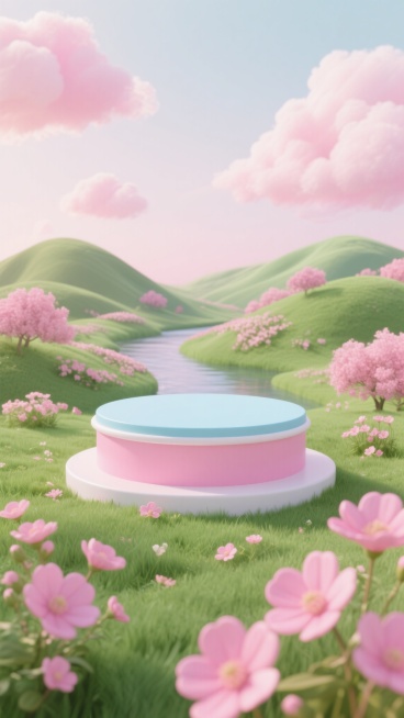 3D渲染风格，以粉色为主色调，画面中心是一个圆形展台，展台主体为粉色，顶部是浅蓝色平面，边缘有白色装饰。展台周围是绿色的草地，草地上点缀着许多粉色的花朵，前景有几朵盛开的粉色花朵特写。背景是连绵起伏的绿色山丘，山丘上覆盖着粉色的花丛，远处是淡粉色和白色渐变的天空，漂浮着蓬松的粉色云朵，一条小河从山丘间蜿蜒流过，整个场景充满了春日的浪漫与宁静氛围，光影柔和，色彩清新明快，营造出梦幻般的自然景观。预览效果