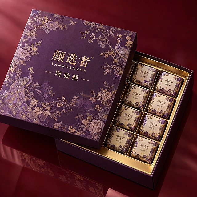 根据提供的包装刀版图，生成颜选者品牌阿胶保健品长方形礼盒3D效果图。长方形天地盖礼盒，深紫色，盒盖正面满版法式复古花鸟暗纹底，中央金色"颜选者"烫金大logo，下方"阿胶糕"产品名，打开后金色内托整齐摆放独立小包装阿胶糕。酒红色背景，礼盒半开状态，45度俯视，高端滋补品礼盒，传统奢华，精致内包装，商业摄影