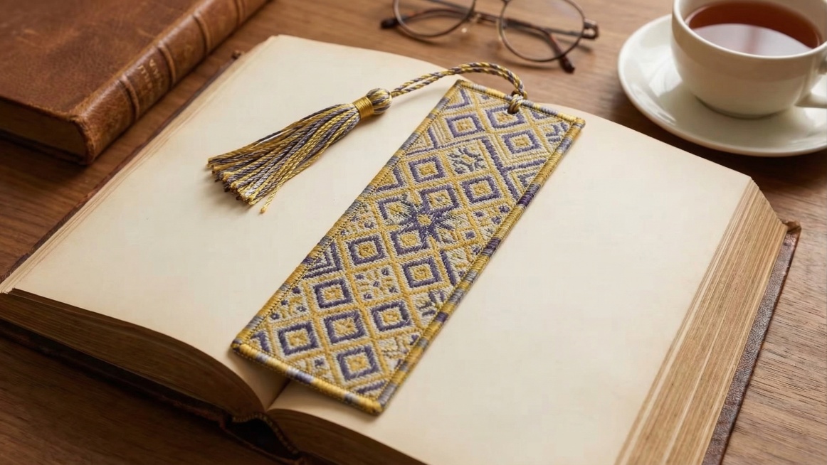 使用参考图中的菱格几何纹样设计一个文创书签，展示书签的实物效果，保留纹样原有黄灰紫配色，风格写实，产品展示清晰预览效果