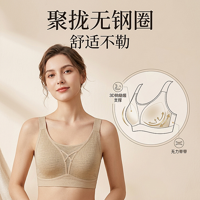聚拢无钢圈内衣卖点展示，女模特穿着U型领浅棕色内衣，浅暖米色背景，轻奢简约风格，大标题聚拢无钢圈，副标题舒适不勒，圆形示意图展示支撑结构，使用参考内衣款式