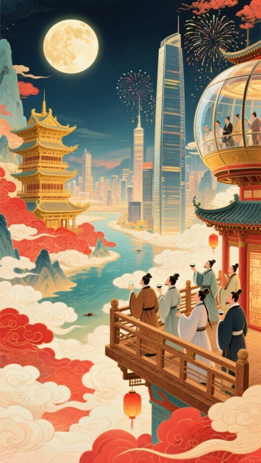 一侧，古代木质观景台，古代文人聚此，举着酒樽、凭栏望圆月、山河；另一侧，现代摩天楼高空观景舱，现代游客透过全景玻璃，赏烟花，背景古楼阁与城市高楼相融合，明月照。整体画面充斥着华丽的金色和喜庆的红色，奇预览效果