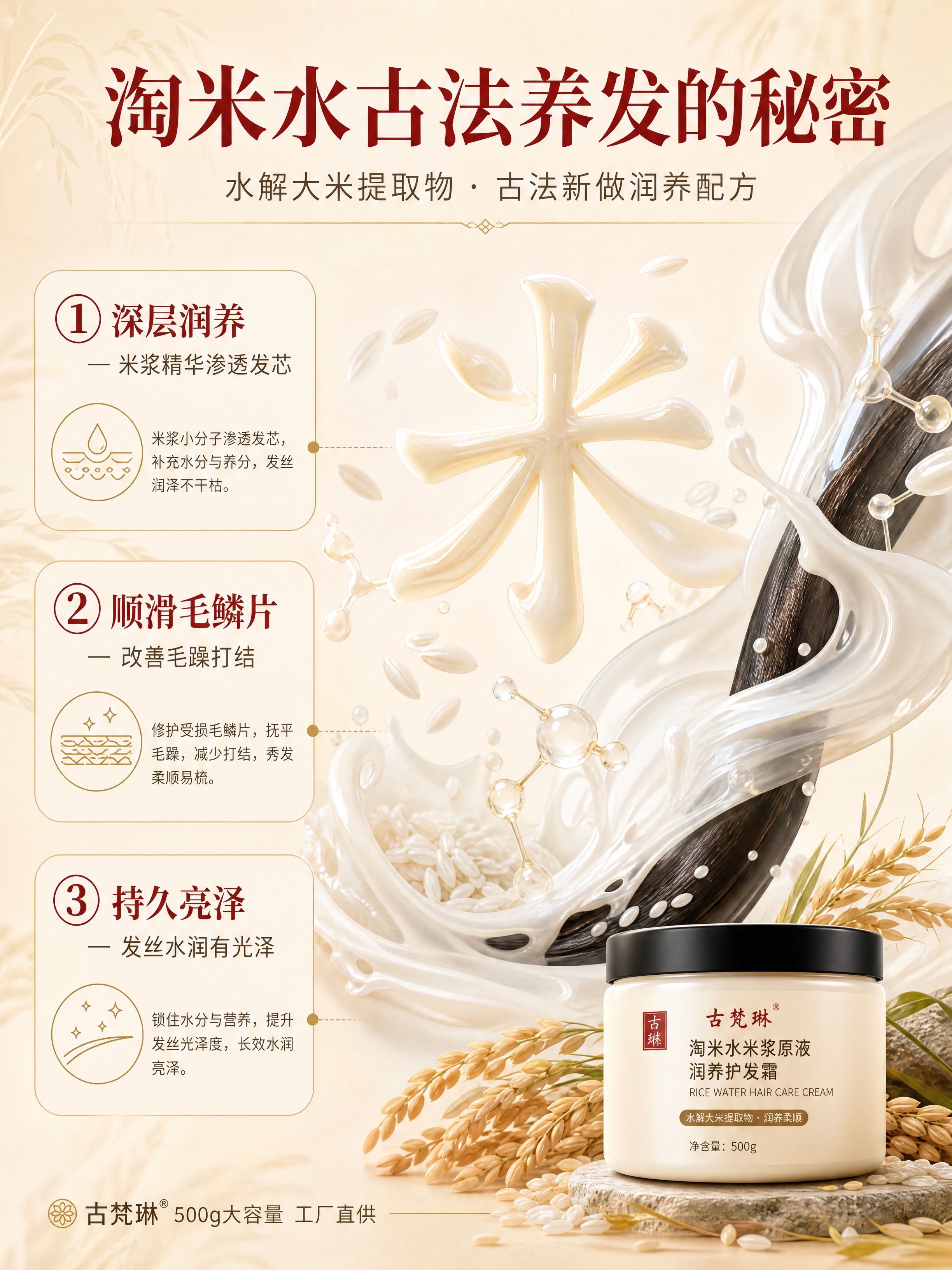 [商品] 古梵琳淘米水米浆原液润养护发霜，成分专页以原料和机理… - 图片创意预览
