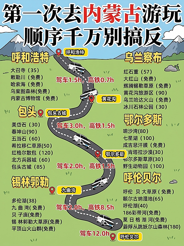 将这张内蒙古旅游攻略图转换为卡通风格，内容详细完整，画面清晰，保留全部文字和景点信息
