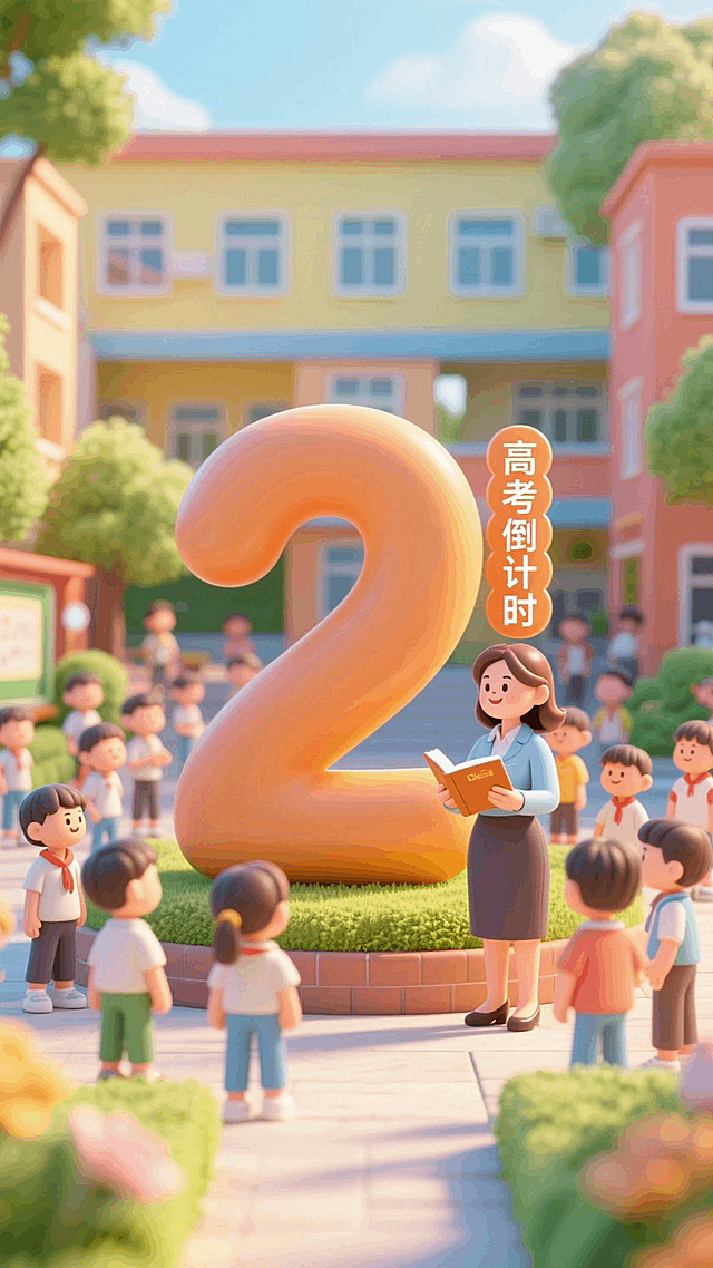 画面中央巨大的数字“2”，旁边小字“高考倒计时”，周围有很多学生，手拿书本的女老师，学校背景，高考氛围