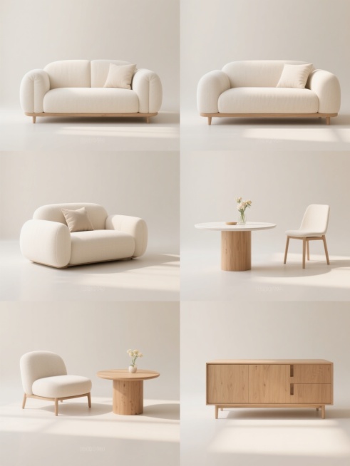 6个规整排布的现代简约风格家具素材，每个素材均采用纯净的浅色背景，无任何文字、logo及水印。整体延续原木色与米白色的柔和配色方案，光影呈现柔和自然光效果，具有细腻的材质质感。包含不同类型的简约现代家具，如带有圆润扶手和松软靠垫的米白色布艺沙发、搭配原木色圆柱形底座的椭圆形茶几，以及其他简约设计的桌椅、柜体等，每个家具造型简洁流畅，线条圆润柔和，局部点缀同色系的简约抱枕或装饰花艺，整体画面干净……预览效果