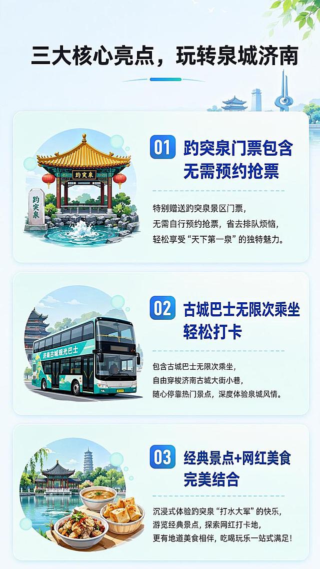 [第3屏] 核心亮点总览页，图文结合展示济南半日游三大核心卖点。本屏使用【图1】作为文字信息参考。
[氛围/风格] 清新明快文旅风，卡片式设计，干净通透，信息层级清晰。
[元素布局] 顶部大标题，下方三个卖点卡片纵向排列，每个卡片配对应景点图标、卖点标题和详细说明；从上到下依次为：1. 趵突泉门票包含 无需预约抢票；2. 古城巴士无限次乘坐 轻松打卡；3. 经典景点+网红美食 完美结合；卡片间留足间距，不拥挤。
[光影质感] 均匀柔和光线，卡片阴影层次清晰，文字清晰不模糊。
[配色色系] 全局底色 #F0F8FF；主色蓝绿渐变卡片底色；文字黑色，卖点标题使用深蓝色加粗突出。
[视角构图] 纵向排版，从上到下依次排布，符合手机端竖屏阅读习惯。
[文字版式] 顶部主标题「三大核心亮点，玩转泉城济南」，每个卖点卡片：标题加粗大字，说明小字清晰，图标搭配左侧，文字右侧排布，信息层级分明，手机端清晰可读。
[比例分辨率] 9:16 竖版比例，4K分辨率，文字清晰可辨，高清画质。
[负向提示词] 卡片拥挤，文字错乱，文字过小，颜色杂乱，水印，违规极限词。