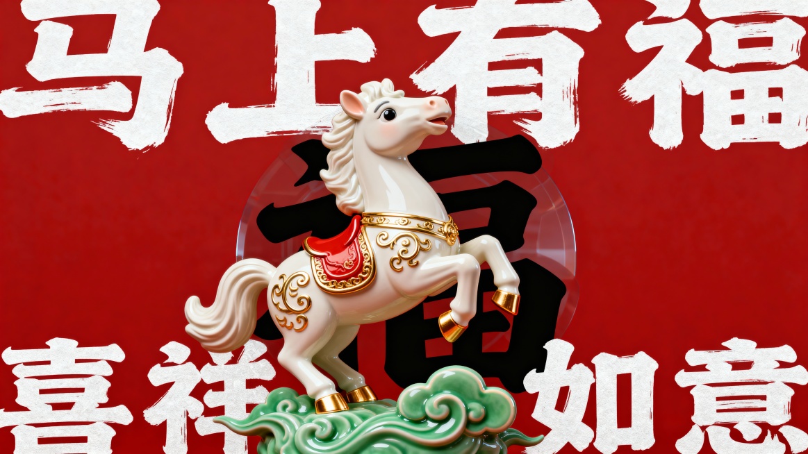 026 马年新年主题，3D 立体浮雕风格，正红色纯色背景（背景正中有个黑色大写福字铺面背景，透明度30%），画面中央是 Q白马通体米白色，全身饰鎏金卷草纹、云纹描边，马鞍为红金配色，马蹄带金边，神态呆预览效果