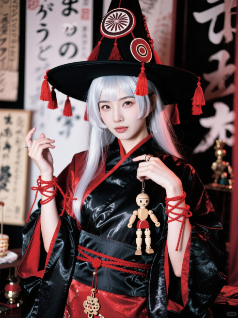 人物是一位银发少女，她戴着一顶装饰有红色流苏和圆形图案的黑色宽边帽，身穿带有红黑配色、光泽感面料的传统服饰，手部有红色绳饰与腰部小木偶挂饰，背景有日式风格的文字与道具，整体营造出神秘的木偶氛围，融合了预览效果