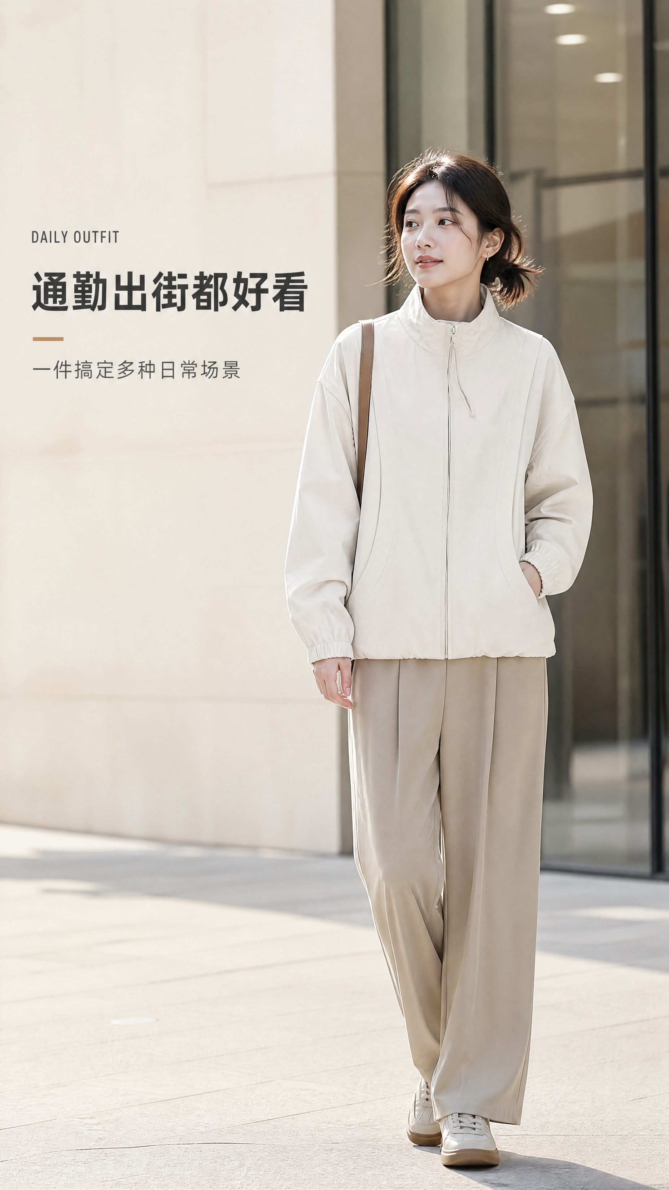 [商品] 使用【图1】米白色立领廓形休闲夹克；商品处理：保留立… - 图片创意预览