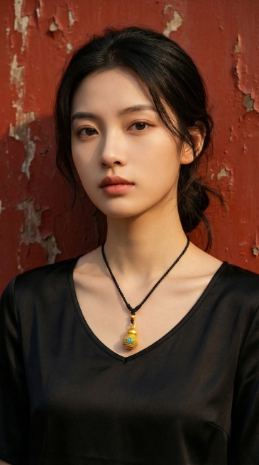 将产品戴在红漆强摄影背景的年轻半身姿态模特身上，生成3张摄影写真，图片比例9:16预览效果