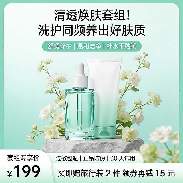 设计类型：写实

设计风格：商业风

主体：呈前后错落摆放，正面朝向镜头，占据画面中下部核心区域，放于浅灰纹理石体上，平视视角 + 柔和柔光布光。

装饰元素：浅白 / 淡绿花卉枝条（围绕主体分布，呈自然舒展状），浅薄荷绿渐变背景。

色调：清新色调

氛围：清新感

文字信息：主标题（置于浅薄荷绿边框色块内、画面上部：“清透焕肤套组！洗护同频养出好肤质”）；卖点标签（置于同色块主标题下方：“舒缓修护 | 温和洁净 | 补水不黏腻”）；活动信息（置于浅白渐变边框色块内、画面下部：“套组专享价 ¥199 买即赠旅行装 2 件 领券再减 15 元”）；服务标签（活动模块上方：“过敏包退 | 正品防伪 | 30 天试用”）