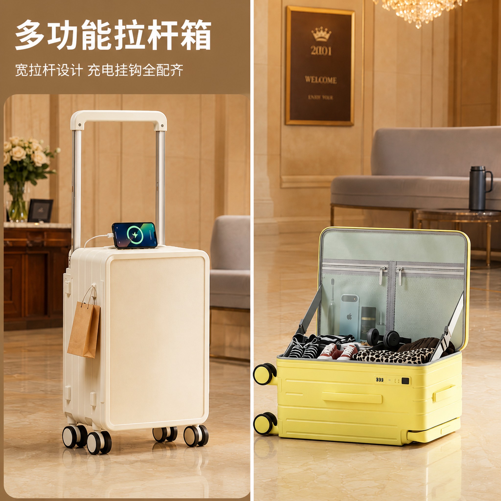 [主图-2] 拉杆箱全角度结构展示图，氛围风格为轻奢简约室内场… - 图片创意预览