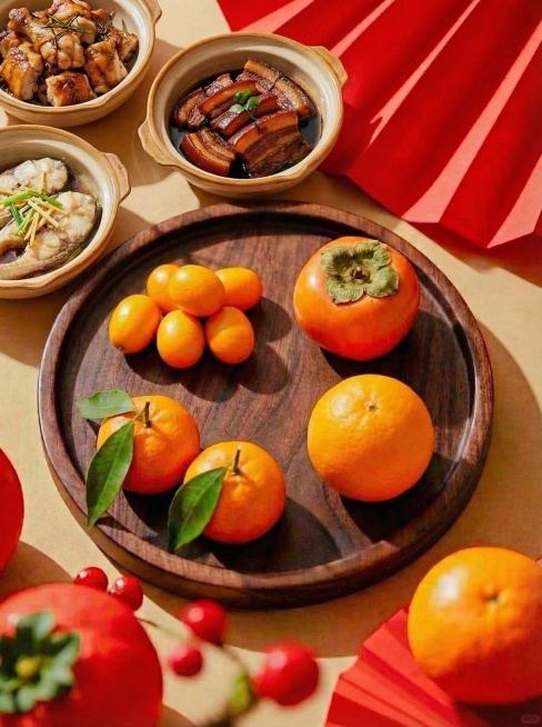 去掉画面左上方的柿子和树枝与红色小果，并在画面左上方区域添加碗装的鸡肉、猪肉、鱼肉，可适当超出画面，符合整体画面透视预览效果