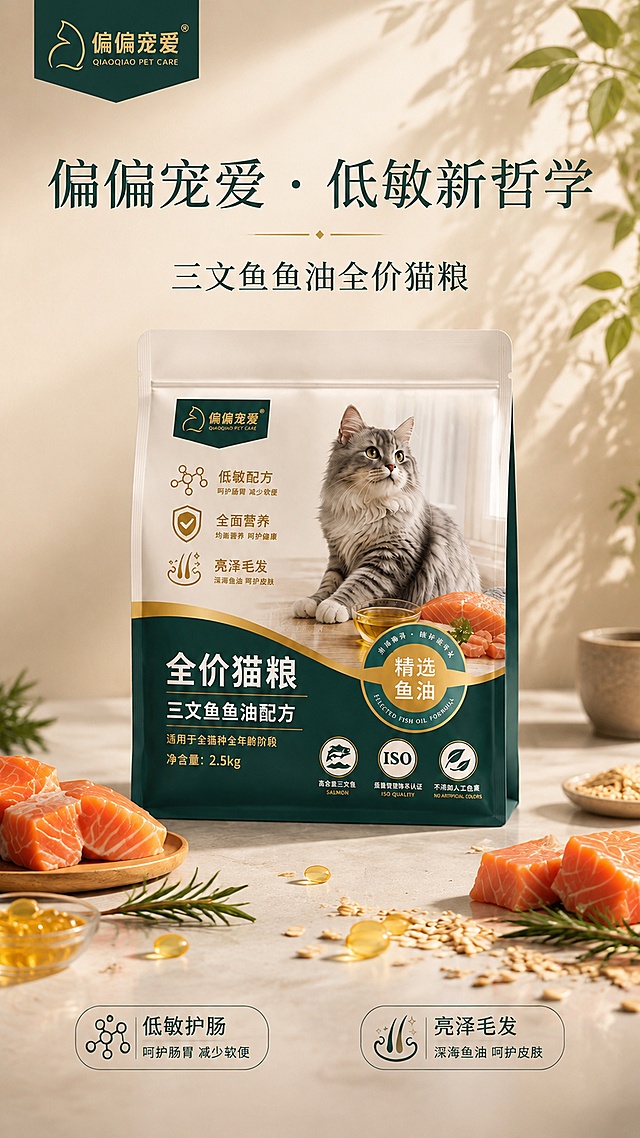 第1张 详情页头图-偏偏宠爱三文鱼鱼油全价猫粮全屏海报。本张使用【图1】作为商品主体。
[氛围/风格] 温馨高级宠物食品海报风，米白暖调背景，柔和自然光感，商业摄影质感，静谧高级。
[元素布局] 猫粮包装袋居中偏下放置，占画面约55%-60%；包装袋周围散落新鲜三文鱼块、金色鱼油胶囊、迷迭香叶和谷物颗粒；背景为暖米色墙面，右上角有柔和绿植叶影投射，左上角有品牌logo区域；产品包装外观、颜色、文字排版与输入产品图完全一致。
[光影质感] 左上方柔和自然光照射，右下方自然投影，包装袋表面有细腻高光，三文鱼呈现鲜嫩质感，整体光影柔和通透。
[配色色系] 全局底色 #F5F0E8（暖米白）；主色墨绿 #1B4D3E；辅助色三文鱼橙 #E8845A、金色点缀。
[视角构图] 正面微仰视，产品为绝对视觉中心，阅读动线从上至下：顶部标题 → 中部产品 → 底部信息。
[文字版式] 顶部居中大标题，大号细宋体「偏偏宠爱 · 低敏新哲学」，下方小字副标题「三文鱼鱼油全价猫粮」；标题下方有细横线装饰；底部左右两侧各有一个小标签「低敏护肠」「亮泽毛发」；文字均为墨绿色，不遮挡产品主体。
[比例分辨率] 9:16 竖版比例，4K分辨率，文字清晰可辨，高清画质。
[负向提示词] 包装变形，文字错乱，颜色偏差，水印，产品模糊，背景杂乱，猫咪变形。