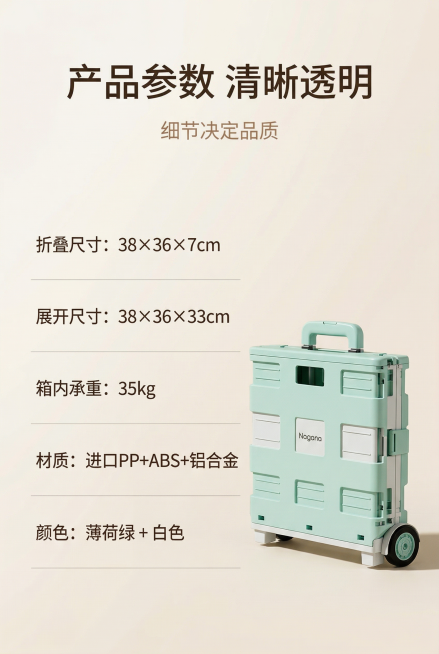 严格还原参考图中薄荷绿+白色折叠购物车设计、包装细节、配色、LOGO位置，精准复刻所有细节无偏差。主标题为"产品参数 清晰透明"，位于画面上1/3居中，字体为简约无衬线体，颜色为深咖色；副标题为"细节预览效果