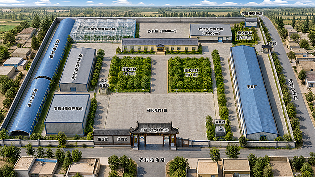乌什县现代农事综合服务中心总规划平面图鸟瞰图，布局如下：

【南侧区域】
- 南侧正中央是正门（主入口大门），中式门楼风格，正门对面（南侧）是农民房子，不是路口
- 值班室两间与正门连在一起，紧挨大门门楼西侧，连成一体
- 值班室西侧和北侧连着农机停车棚，拱形蓝顶，沿西侧围墙向北延伸
- 农机停车棚再往北继续延伸，连着另一段农机停车棚，一直接到北侧，沿西侧围墙连续排列
- 正门南侧外面是农村柏油路，路两边是新疆南疆农民房子

【西侧区域】
- 农机停车棚前面（东侧）靠前位置是农机维修保养车间，正方形钢结构厂房
- 维修车间北侧（前面）是林草工具存放车间，长方形钢结构厂房
- 两个车间都在农机停车棚东侧（前面），沿西侧围墙纵向排列

【中部区域】
- 正门北侧是硬化地约1亩
- 硬化地北侧是两块正方形绿化树林，各约1亩，东西并排，中间是主路
- 左侧（西侧）绿化树林靠西围墙这边有室外卫生间，小型建筑，在绿化林西侧靠围墙处
- 手套厂前面（南侧）的地块没有农机停车棚，全部去掉

【东侧区域】
- 东侧围墙边是手套厂，南北向长条形钢结构厂房，紧贴东侧围墙
- 手套厂东侧外面是农村柏油路，路两边是农民房子
- 变压器在手套厂和侧门中间，在围墙里面，不在外面
- 侧门在东侧围墙北部，侧门外也是农村柏油路

【北侧区域】
- 两块绿化北侧是一层办公楼约600平方，东西向横向长方形，大门朝南正对正门
- 办公楼北侧偏西是温室大棚育苗培育，大型横向连栋透明温室，紧挨着北侧围墙
- 办公楼北侧偏东是农资化肥存放库约400平方，横向长方形钢结构
- 农资库东侧是绿化树林约半亩地
- 农资库东北侧是供暖电锅炉房

【整体风格】
- 四周围墙围合，新疆南疆乡村风貌，蓝天白云，外围农田林带
- 鸟瞰视角，高清细节，专业规划效果图，各区域有文字标注
