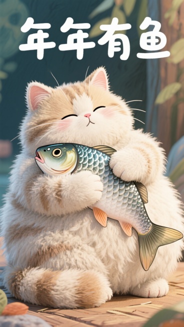 可爱的，胖乎乎的毛茸茸的猫全身覆盖着一层又软又厚的毛。由3D毛茸茸的材料制成。猫咪抱着一条鱼，表情可爱，毛绒绒的，睡眼惺忪，一副困倦的样子。上面写着“年年有鱼”预览效果