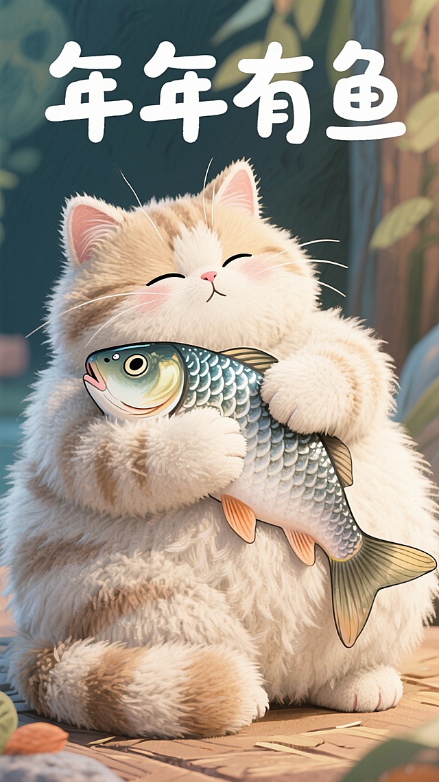 插画，可爱猫咪怀抱大鱼，拟人表情，年年有鱼，节日喜庆。