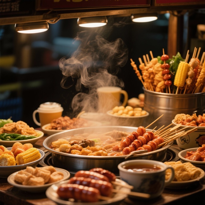 关东煮，烤肠，玉米，热饮等琳琅满目的美味汇聚一起预览效果