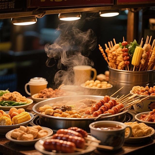 关东煮，烤肠，玉米，热饮等琳琅满目的美味汇聚一起