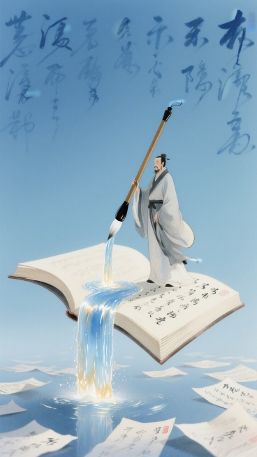 混合细腻彩铅质感的低饱和蓝色系渐变背景图。悬浮特写一本摊开的巨大草书书本，一个夫子站在书上拿着巨型毛笔，书上倾泻出蓝金色的水流（像瀑布一般）。后景是蓝色的草书文字，底部散落许多草书纸张。预览效果