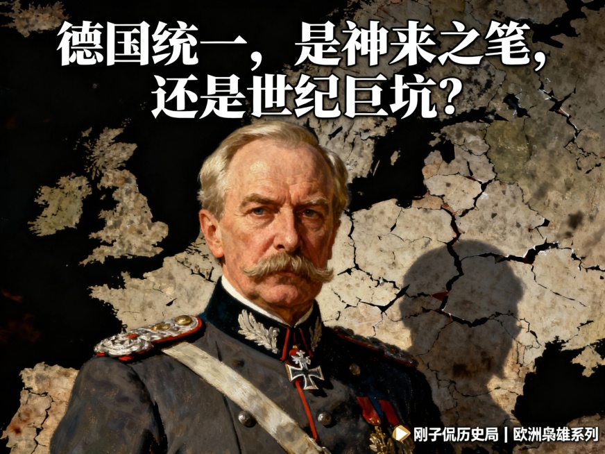 封面图提示词（AI / 设计通用）

中文提示词：

19世纪德国历史风格插画，俾斯麦半身肖像，穿普鲁士军装，表情冷静而强硬，背景为破碎的欧洲地图，地图上隐约出现战争裂痕与阴影，整体色调偏暗，厚重、压预览效果