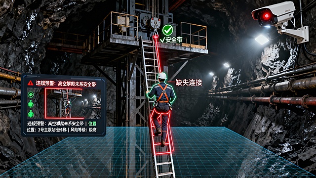 煤矿井下高空作业区域，如大型设备检修平台或竖井梯道旁。环境昏暗，仅靠安全帽灯和稀疏的顶灯照明，光线在潮湿的岩壁和密集的金属管道、钢架上反射。一名矿工正在攀爬一处高达数米的垂直检修梯，前往上方的设备平台。在作业区域对面和上方的关键位置，安装有带防爆外壳的AI高清摄像机，其镜头处的红色指示灯在昏暗中清晰可见，严密覆盖着攀爬路径与高空作业面。AI系统的智能监测通过叠加的视觉分析图层呈现：当矿工规范佩戴全身式安全带并将系索正确挂入上方锚点时，其身体被淡淡的绿色识别框标记，锚点连接处有绿色的“√安全带”图标。当另一名矿工（或同一矿工在另一次作业中）未连接安全带进行攀爬时，其身体轮廓被一个高频闪烁的红色识别框精准锁定。系统特别在其背部与锚点之间高亮出红色的“缺失连接”虚拟示意线。一个简洁的深色警报面板悬浮于画面一侧。面板中央放大显示违规人员的画面，红色识别框醒目。文字警报闪烁：“违规预警：高空攀爬未系安全带 | 位置：3号主泵站检修梯 | 风险等级：极高”。面板同时显示该区域其他合规人员的绿色状态标识。整个高空作业区域，被一层极浅的、半透明的蓝色三维网格所覆盖，象征着智能监控的空间感知范围。整体画面突出在光线不足、结构复杂的井下高空环境中，AI系统能穿透昏暗与遮挡，实时精准地识别作业人员的关键安全行为（安全带佩戴与连接）。科技感体现在这种对“安全连接”这一抽象概念的视觉化解析与实时判定能力上，将依赖人眼反复核查的高风险监管，转化为自动、精准且不间断的智能值守，从根本上杜绝因疏忽导致的致命风险。画面以黑、灰、金属色为主，用红绿对比构成清晰的安全状态分野。比例16:9