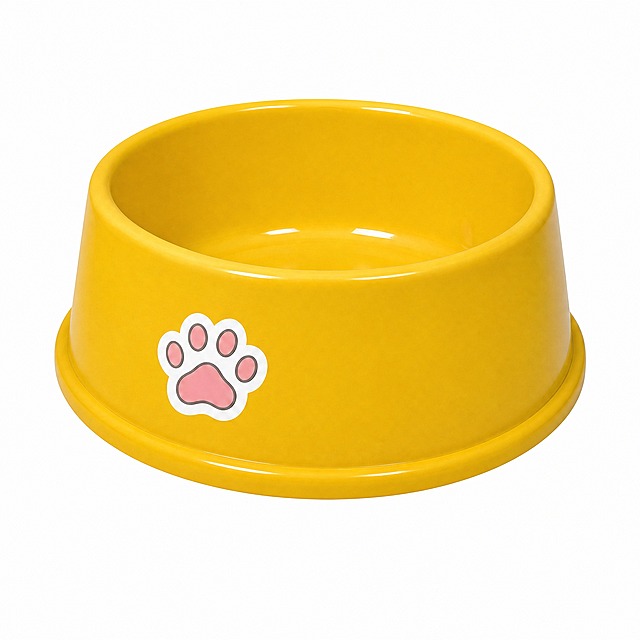 [编辑] 删除明黄色宠物食盆侧面的NAME文字，保留粉色爪印logo。
[商品] 保留图4明黄色/柠檬黄宠物食盆：圆碗形+宽底座、光滑釉面、侧面粉色爪印Logo（粉红掌垫+白色轮廓+浅灰脚趾）；碗的颜色、造型、釉面质感与爪印必须与原图一致。
[删除范围] 仅删除爪印右侧白色"NAME"字样，文字区域自然补齐为与周围一致的明黄釉面，保持曲面透视与高光连续，无残字、无接缝、无色块。
[画面] 单碗居中占画面88%，正面略俯视；背景纯白色#FFFFFF无缝；光线均匀柔和。
[规格] 1:1，2048x2048，2K，避免变形、错字、NAME残留、爪印丢失或变色、碗型失真、水印。