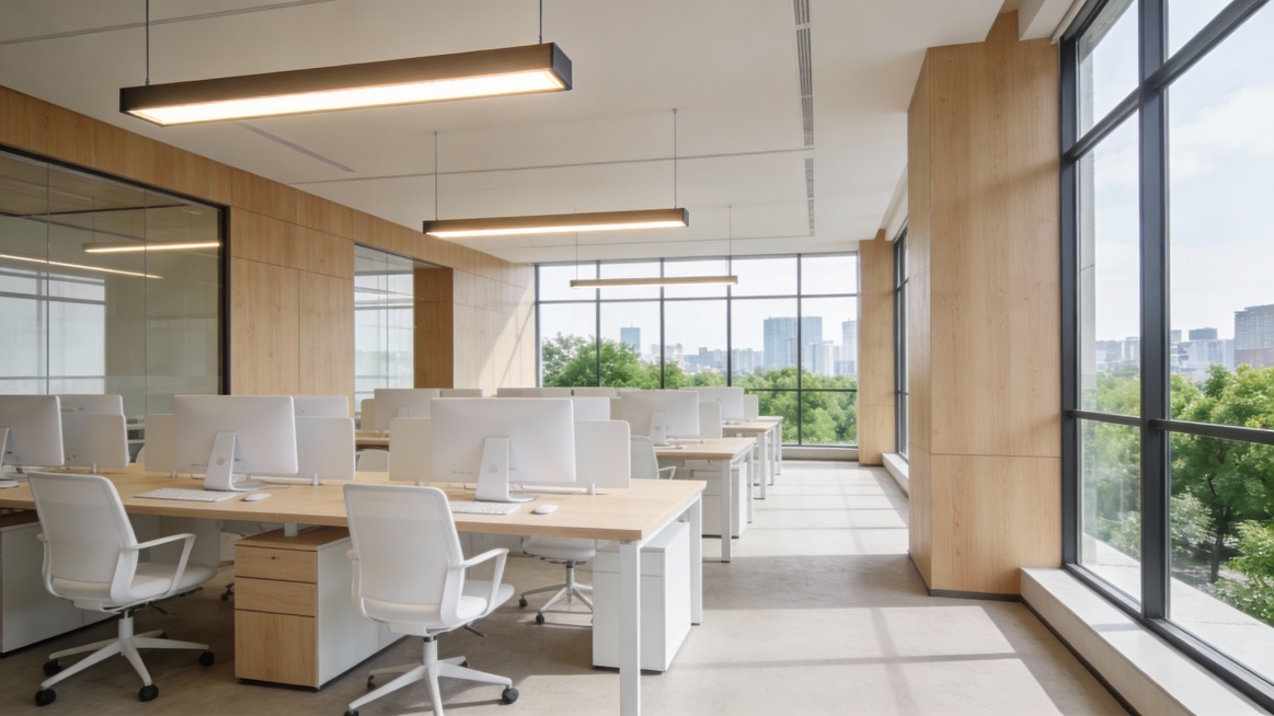 现代简约原木风格的办公空间，采用不同视角展示的开放式办公区场景，自然光透过大面积落地窗洒满室内，明亮通透，高天花板搭配悬挂式LED长方形灯，地浅色办公桌搭配白色办公椅和白色电脑显示器，窗外可见城市绿色预览效果